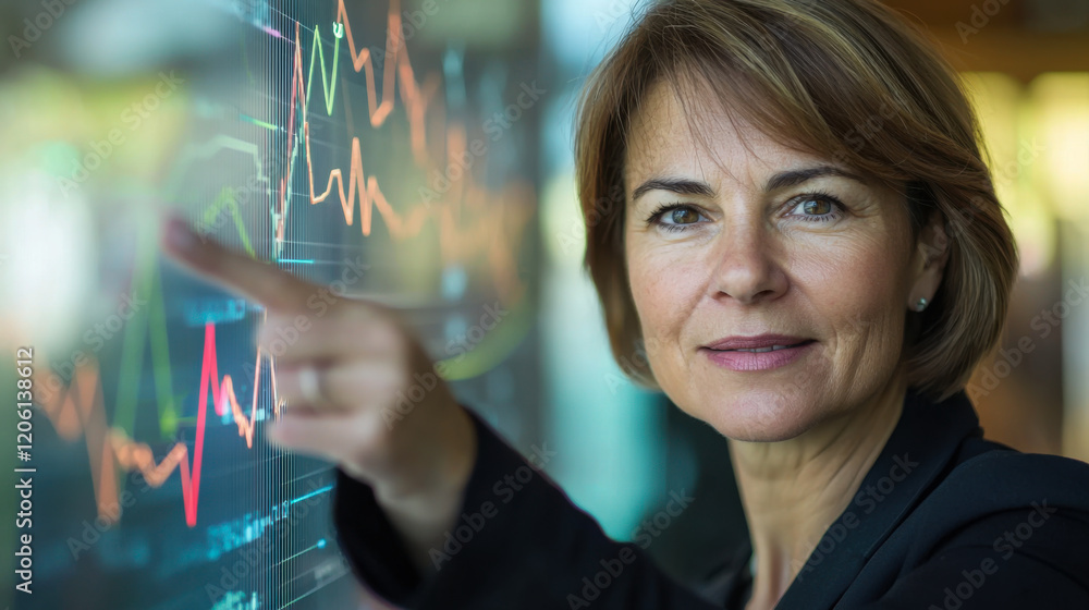 Poster business professional analyzing market trends with data visualization display in a modern office set