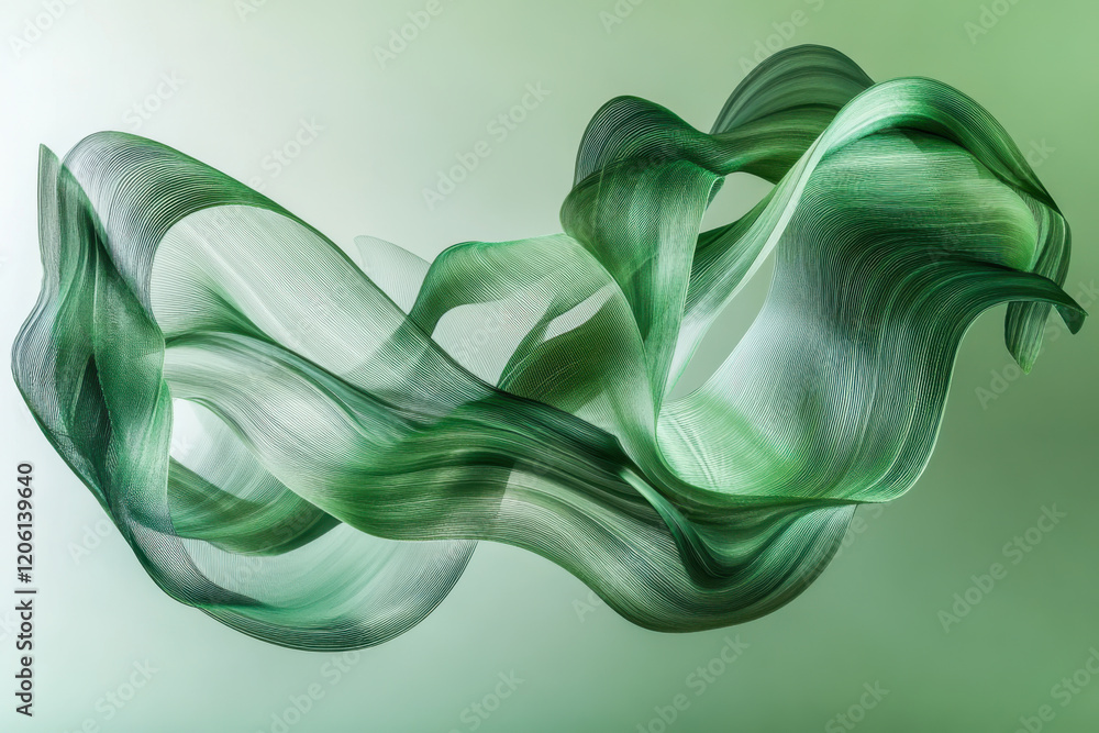 Poster flowing green silk fabric creates an elegant wave against a soft backdrop while showcasing transluce