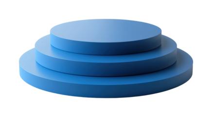 Blue circular platforms arranged in a stacked formation for creative displays and presentations isolated on transparent background