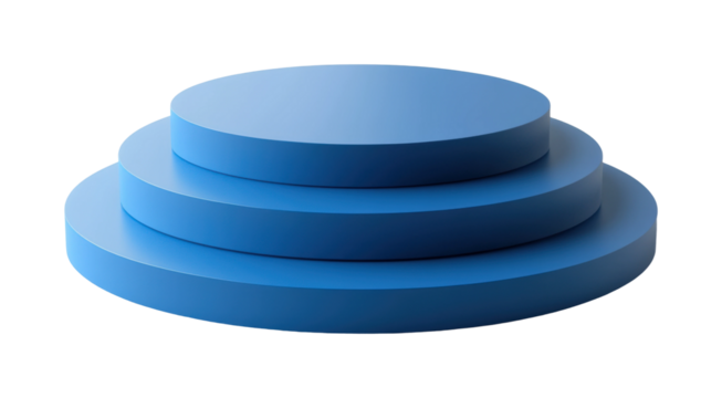 Blue circular platforms arranged in a stacked formation for creative displays and presentations isolated on transparent background
