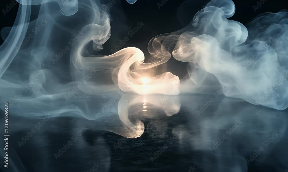 Wall mural ethereal smoke swirls over a reflective surface, creating a mystical atmosphere with soft light in t
