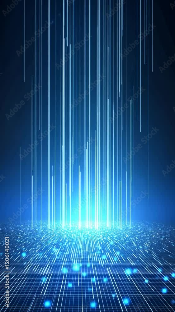 Poster bright blue light rays create a stunning visual effect in a dark space, enhancing the sense of depth
