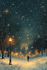 Snowy Night Stroll Through a City Park with Lights
