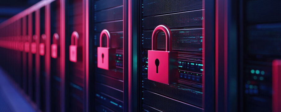 Secure server room with glowing locks and technology
