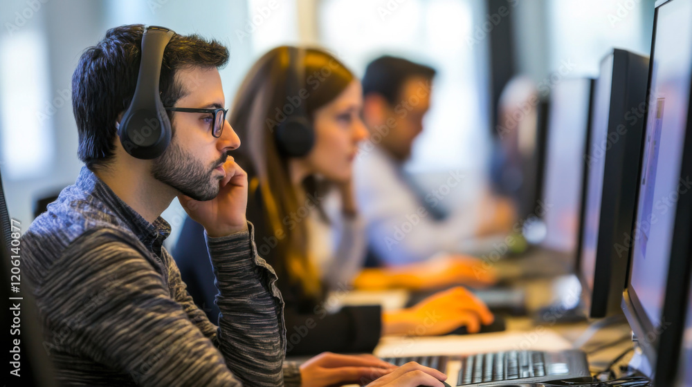 Poster focused software developer working in a modern office environment with headphones on while coding la