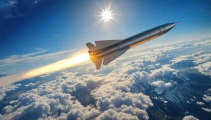 Realistic photo of a guided missile flying in the sky, seen from above with sun and clouds.
