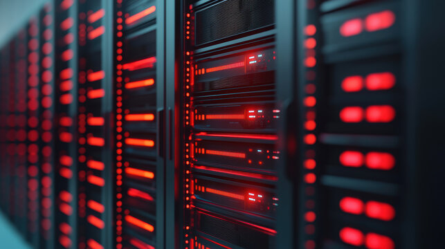 Close up of server rack with glowing red lights and technology details