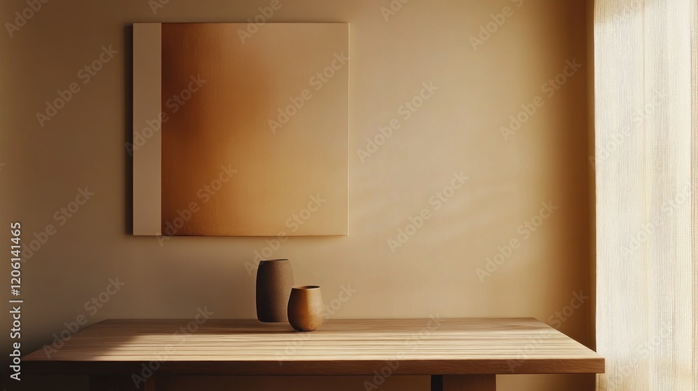 Poster subtle gradient transition from deep brown to beige with vases and artwork on a table