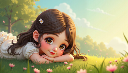 Dreamy girl smiling softly on meadow in spring, enchantment and joy