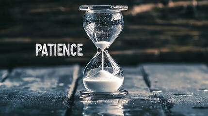 A glass hourglass with the word patience written on it