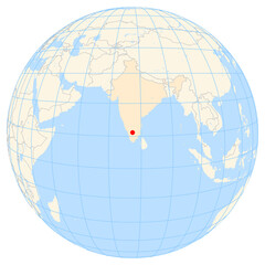 Map showing the location of the city Tiruppur in India (Southern Asia) on the earth globe.
