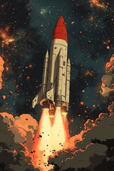 Naklejka premium Rocket Launching Into Starry Night Sky