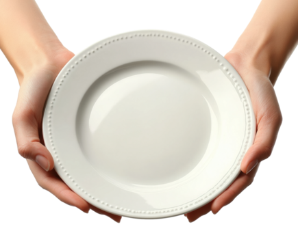 Hands holding a white empty plate in a neutral setting, suggesting readiness for food or serving isolated on transparent background