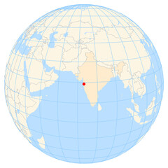 Map showing the location of the city Ulhasnagar in India (Southern Asia) on the earth globe.