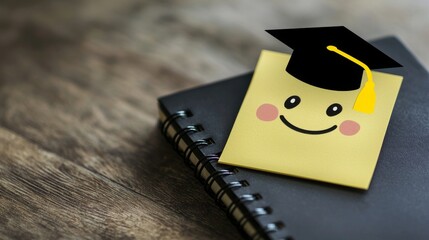 A colorful note with a smiling sticker on a bound and printed bachelor thesis with a black cover, signifying success and new opportunities
