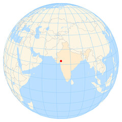 Map showing the location of the city Vadodara in India (Southern Asia) on the earth globe.