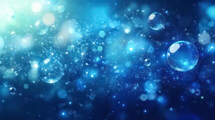 Abstract blue background with bokeh lights and water droplets.