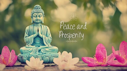 A blue Buddha statue sits on a table with pink flowers