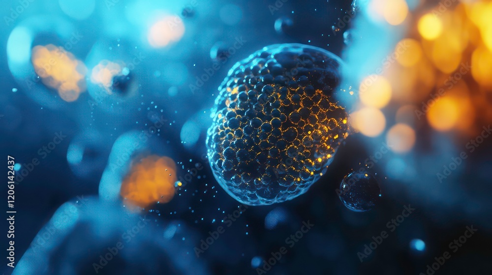 Aufkleber Abstract sphere with textured surface, glowing in blue and orange light, surrounded by particles and bokeh.