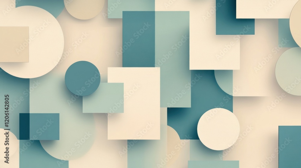 Poster subtle seamless pattern featuring circles and squares in a calming beige and teal color palette
