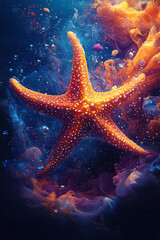 Orange Starfish Swims Through Cosmic Ink Clouds