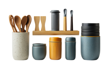 Kitchen utensils and containers arranged neatly on a counter in a modern setting showcasing contemporary design isolated on transparent background