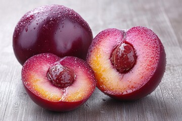 Juicy plums sliced open revealing vibrant red and yellow flesh on wooden surface