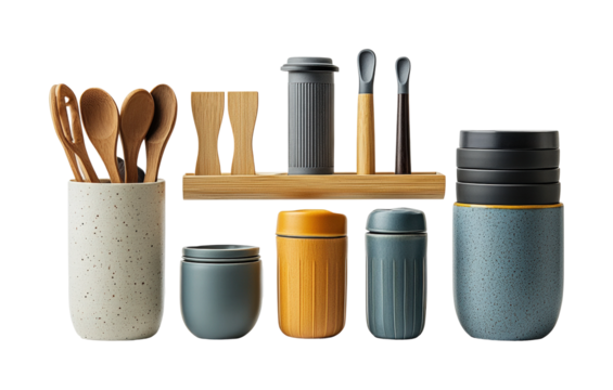 Kitchen utensils and containers arranged neatly on a counter in a modern setting showcasing contemporary design isolated on transparent background