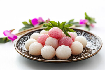 Colorful traditional dessert served on a decorative plate with flowers and chopsticks