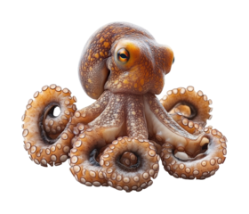 Brown octopus with distinct patterns exploring its surroundings in a vibrant underwater habitat isolated on transparent background
