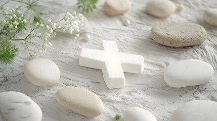 White Cross Amongst Smooth Stones and Flowers
