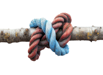 Colorful rope tied around a tree branch in a natural setting during daylight hours isolated on transparent background