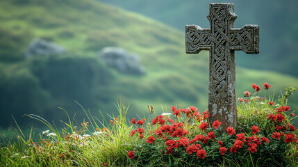 Celtic cross with flowers in Irish hills for St. Patrick's Day
