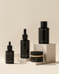 Obraz premium Elegant black skincare products arranged on minimalistic display for modern beauty aesthetics