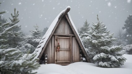 wooden house in the snow