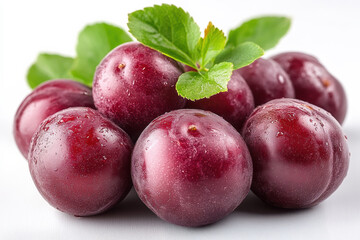 Fresh red plums arranged with green leaves on a white surface in natural light