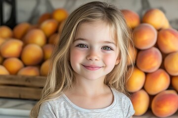 Young girl with long hair smiling in front of a produce display of fresh peaches