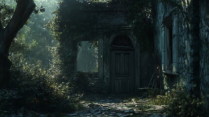 An overgrown, abandoned building surrounded by nature.