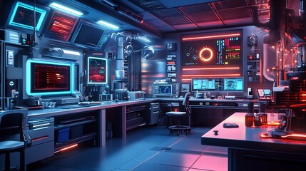 Futuristic Laboratory: Neon-lit High-Tech Research Facility