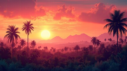 A vibrant sunset over a tropical landscape with palm trees and mountains in the background.