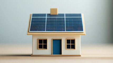 Fototapeta premium Miniature house model with solar panels on roof, symbolizing energy efficiency