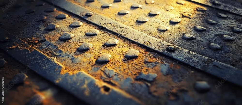Aufkleber textured metallic surface with slight rust, showcasing industrial design, soft lighting creating dep