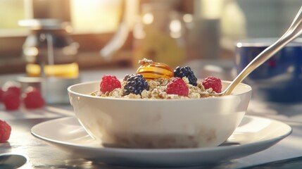 A gluten-free breakfast setup, featuring oatmeal, fresh berries