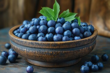 Fresh blueberries in a wooden bowl with green leaves on a rustic table surface