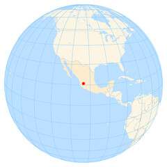 Map showing the location of the city Guadalajara in Mexico (Central America) on the earth globe.