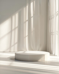 Bright minimalist interior with circular stage and natural light streaming through sheer curtains
