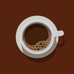 coffee with bubbles in a white cup with a brown background