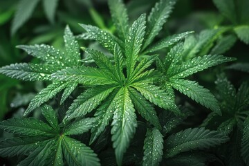 Cannabis Leaf with Water Droplets