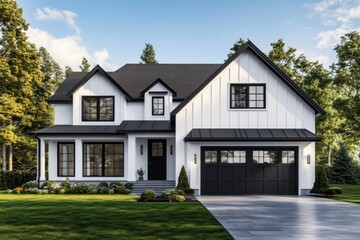 Modern white suburban house with black accents, large windows, a spacious front yard, and a paved driveway surrounded by lush greenery under a bright blue sky