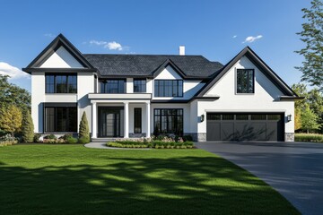 Elegant modern white brick house with black accents, a large front yard, symmetrical windows, and a spacious driveway, surrounded by greenery under a bright blue sky